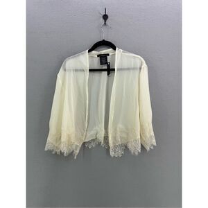 NWT Cézanne Womens Cream Lace Trim Sheer Negligee Kimono Cardigan Top One Size